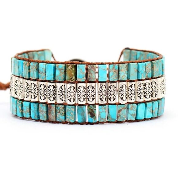 Western Style Blue Turquoise Leather Silver Tone Bracelet Adjustable Southwest - Picture 1 of 4